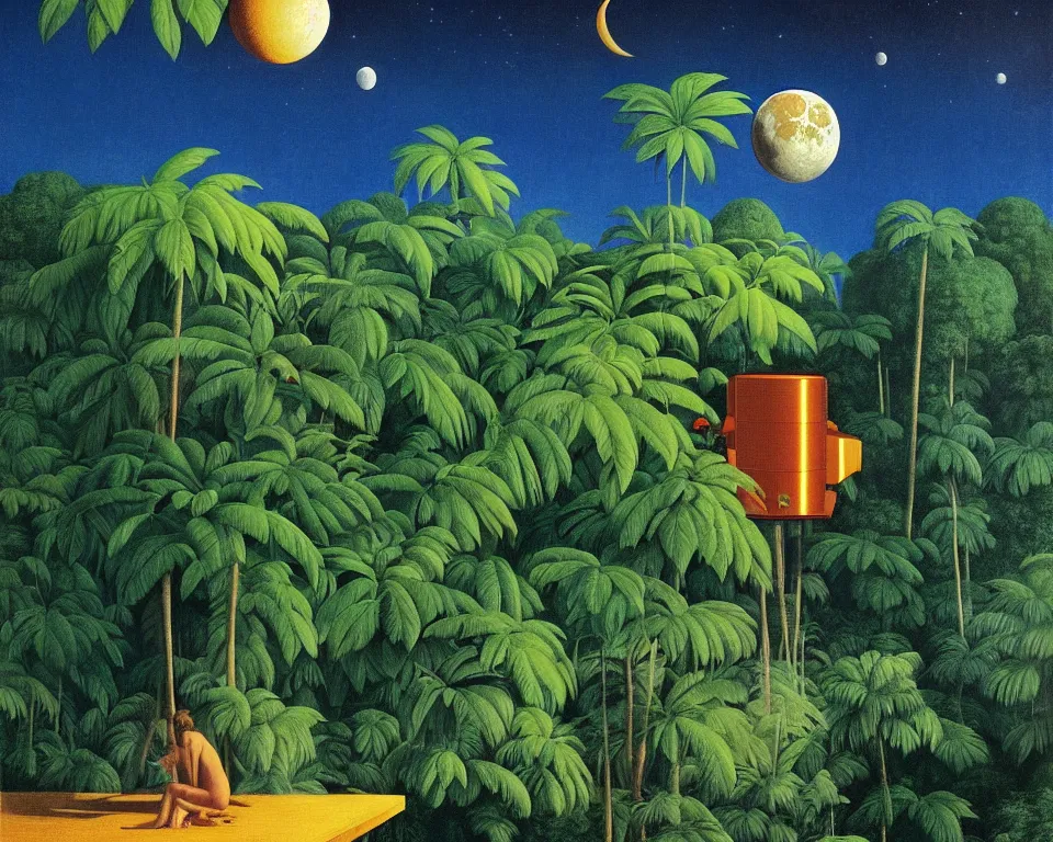 Image similar to an achingly beautiful print of the lunar module in the middle of a tropical rainforest by Raphael, Hopper, and Rene Magritte. detailed, romantic, enchanting, trending on artstation.