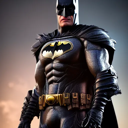 Image similar to a photo of 8k ultra realistic Batman, full body, diablo, intricate white and gold armor, sword, ornate, cinematic lighting, hyperrealistic, focused, high details, unreal engine 5, cinematic, Trending on artstation, artstationHD, artstationHQ, 4k, 8k