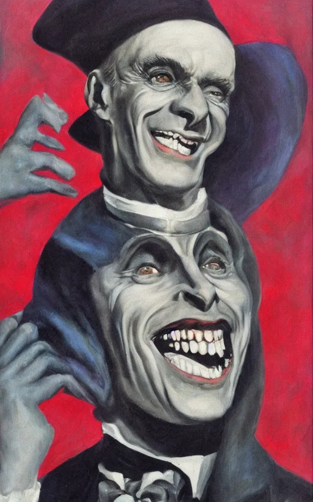 Prompt: portrait of conrad veidt the man who laughs wide grin, award winning oil surrealist painting, sharp color palette
