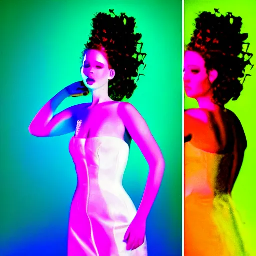 Prompt: jennifer lawrence as the bride of frankenstein, macro photography, glowing retinas, vaporwave, fuscia cyan yellow white light