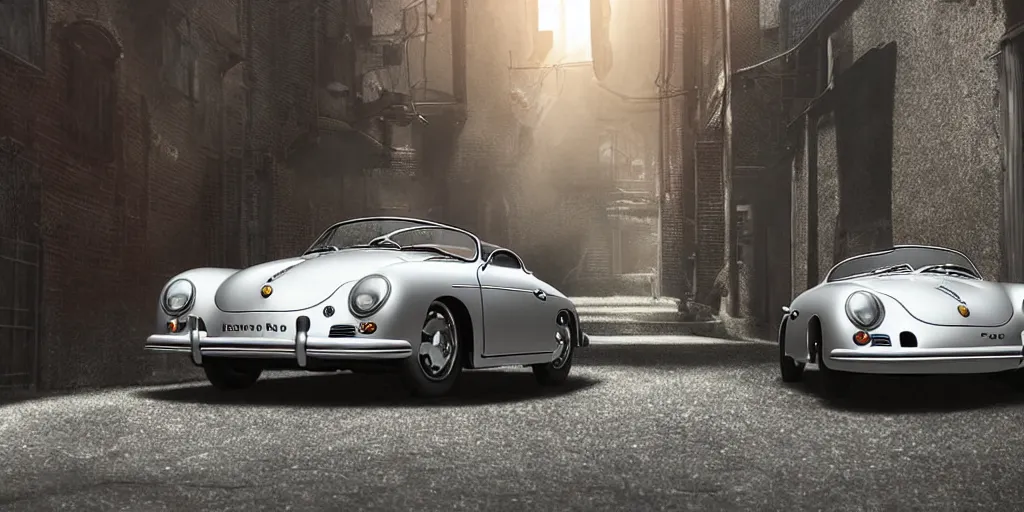 Prompt: a wholesome animation key shot of a focused old silver Porsche 356 roadster car parked in an abandoned alleyway, medium shot, waist up, studio Ghibli, Pixar and Disney animation, sharp, very detailed, high resolution, Rendered in Unreal Engine 5, anime key art by Greg Rutkowski, Bloom, dramatic lighting
