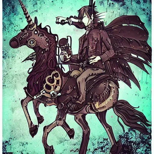 Image similar to reze from chainsaw man riding a unicorn, steampunk style