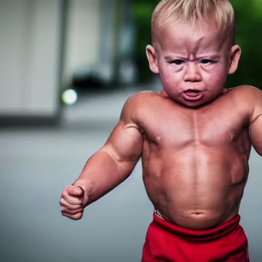 Image similar to huge muscles bodybuilder toddler, angry, ready to fight, clenched fists, red face, 2 years old, steroids, barrel chested, rippling muscles, huge veins, bulging muscles, ripped, award winning photography, high detail