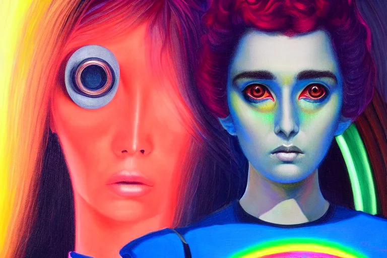 Image similar to patron saint of 🛸🌈👩🏾, futuristic clothing, neon god of city character portrait, in the style of margaret keane, moebius, tom bagshaw, and waterhouse, cinematic lighting, beautiful, elegant, oil painting,