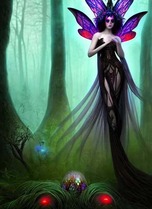 Image similar to stunningly beautiful female dark faerie priestess in amanita muscaria forest landscape, symmetrical wings on back, neon hair, fantasy art, wearing a dress of gossamer black, inner glow, illustration, dramatic lighting, soft details, painting, art nouveau, octane render, 8 k, hd, by edmund blair leighton, brom, charlie bowater, faces by otto schmidt