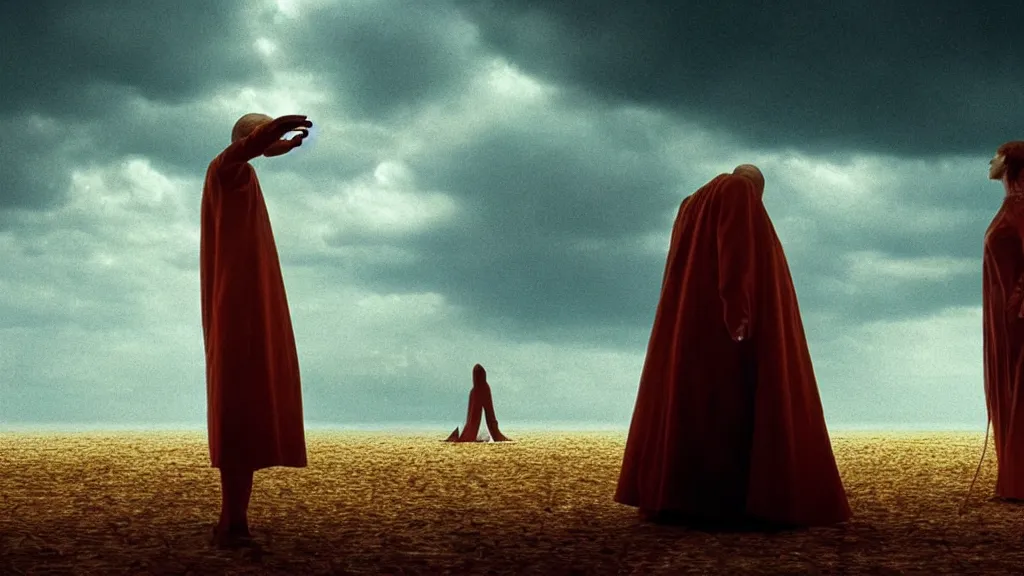 Image similar to agony, film still from the movie directed by Denis Villeneuve with art direction by Salvador Dalí, wide lens