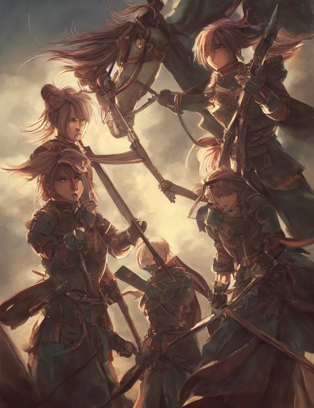 Prompt: the order of sisters of war. this oil painting by the award - winning mangaka has cinematic lighting, an interesting color scheme and intricate details.