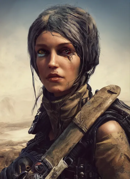 Prompt: A comic book style portrait painting of a stunning female post apocalyptic punk warrior in a wartorn landscape, unreal 5, DAZ, hyperrealistic, octane render, RPG portrait, ambient light, dynamic lighting