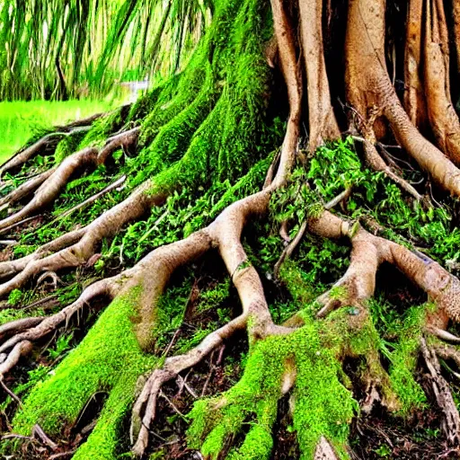 Prompt: mother nature emerging from the roots of a mangrove tree, mossy, roots, nature