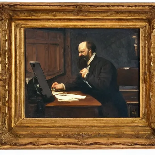 Image similar to an angry man yells at his computer monitor, oil on canvas, 1 8 8 3, highly detailed