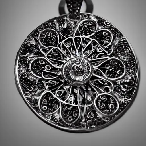 Prompt: an intricate pendant made out of bones, studio photography, black background, volumetric