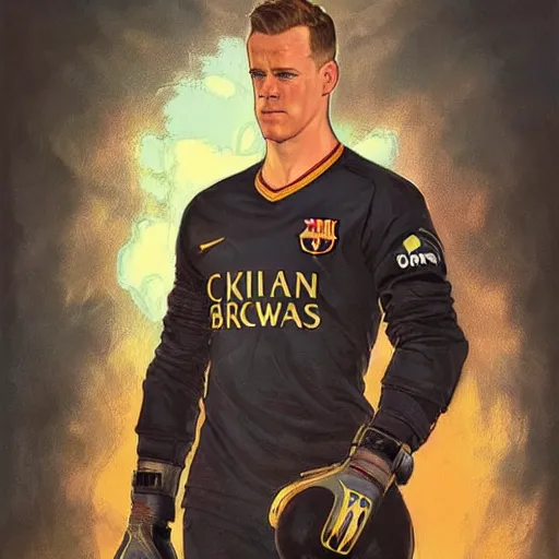 Image similar to Ter Stegen holding a bomb in his gloves, Barcelona and Germany goalkeeper, D&D, fantasy, intricate, elegant, highly detailed, digital painting, artstation, concept art, matte, sharp focus, illustration, art by Artgerm and Greg Rutkowski and Alphonse Mucha