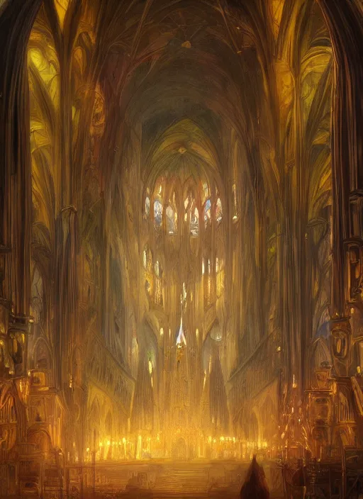 Prompt: Detailed Interior of a cathedral made of fruit and vegetables, light of god, light shafts, candles, stunning atmosphere, in Style of Peter Mohrbacher, cinematic lighting