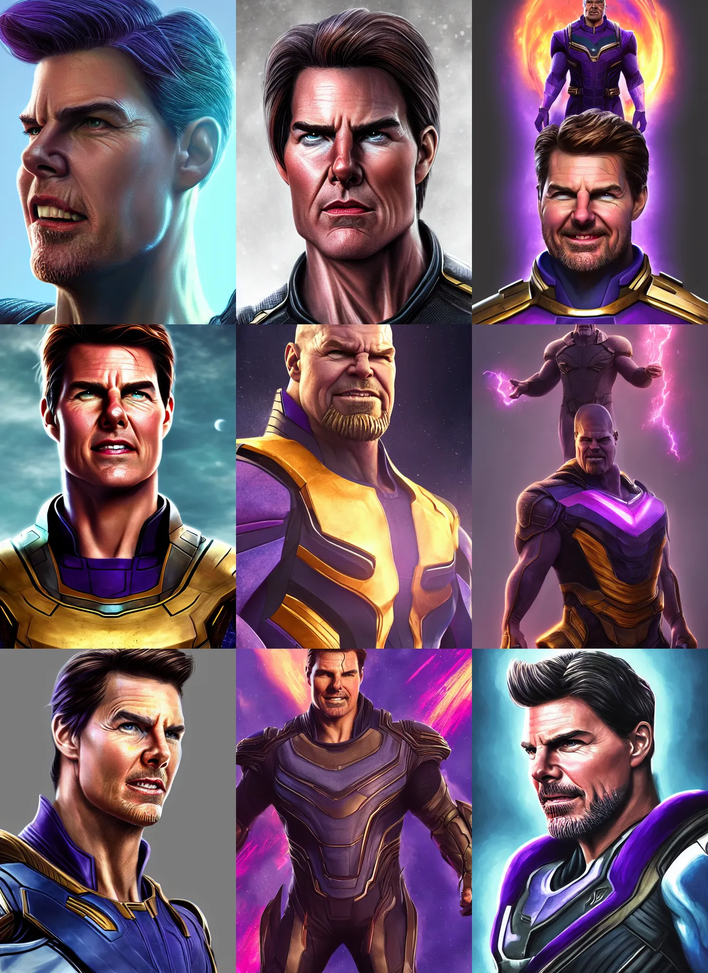 Prompt: character portrait of Tom Cruise playing Thanos, digital art, trending on artstation, 4k