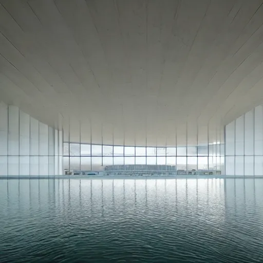 Image similar to a white cell structure art museum building in the shape of a fish on the surface of a beautiful lake. the indoor lighting is created by tadao ando and kazuo shimajima