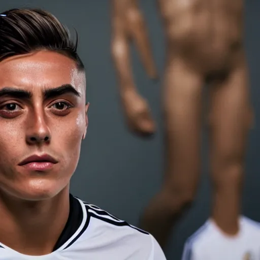 Image similar to a realistic detailed photo of a guy who is an attractive humanoid who is half robot and half humanoid, who is a male android, soccer player paulo dybala, shiny skin, posing like a statue, blank stare, in a living room, on display, showing off his muscles