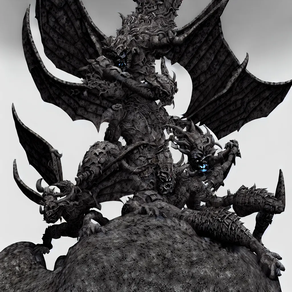 Prompt: Infernal monster statue in crouching pose with bat wings carved in stone, Mayan deity, organic shapes, symetrical, realistic, octane render, on pedestal, in a baroque museum exhibit, highly detailed, 8K matte, rendered in octane with volumetric light, dark cathedral environment, highly detailed, by Emil Melmoth and Druillet