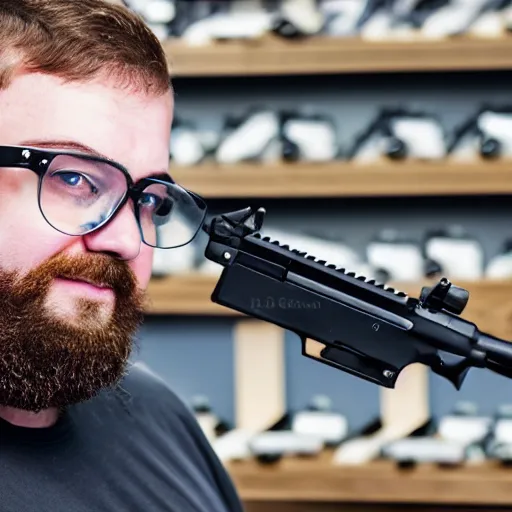 Prompt: chubby bearded white male with glasses working at a gun store, realistic photograph, 4 k,