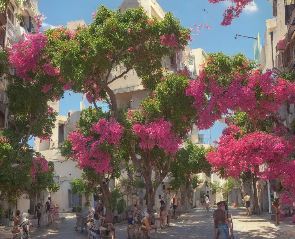 Prompt: a very beautiful scene, vfx render, small street in tel aviv, busy, shops, bauhaus, sunlight, happy, bougainvillea, hyperrealistic, 4 k. lovely scene. art. unreal engine.