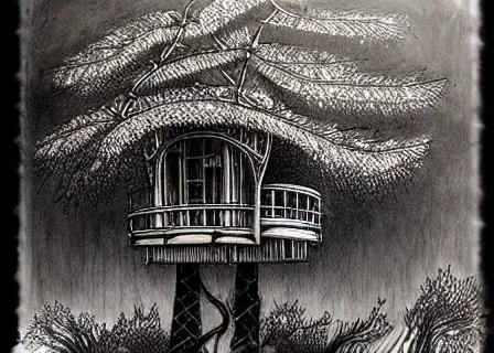 Image similar to Steampunk tree house, yuumei , spanish moss, cozy afternoon, super realistic, ink drawing