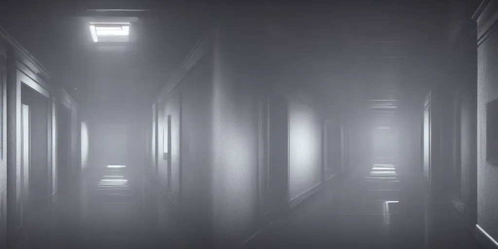 Image similar to a long angle shot of a big dark room with white lights on the celling and a long hallway at the end of the room with red lights on the celling, highly detailed, unreal engine, 4 k, dark, moody, foggy, game render, hyper realistic, ray tracing, path tracing, realistic lightning, black, gray