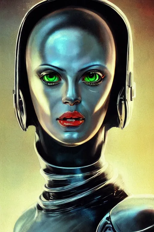 Image similar to retro-futuristic portrait of a beautiful female android in old scratchy chrome armour, wired head, blind eyes, white liquid dripping on it, ornate background, rim light, ornate pattern, glowing eyes, evil expression, high details, intricate details, renaissance painting by vincent di fate, artgerm julie bell beeple, 80s, Smooth gradients, High contrast, depth of field, very coherent symmetrical artwork