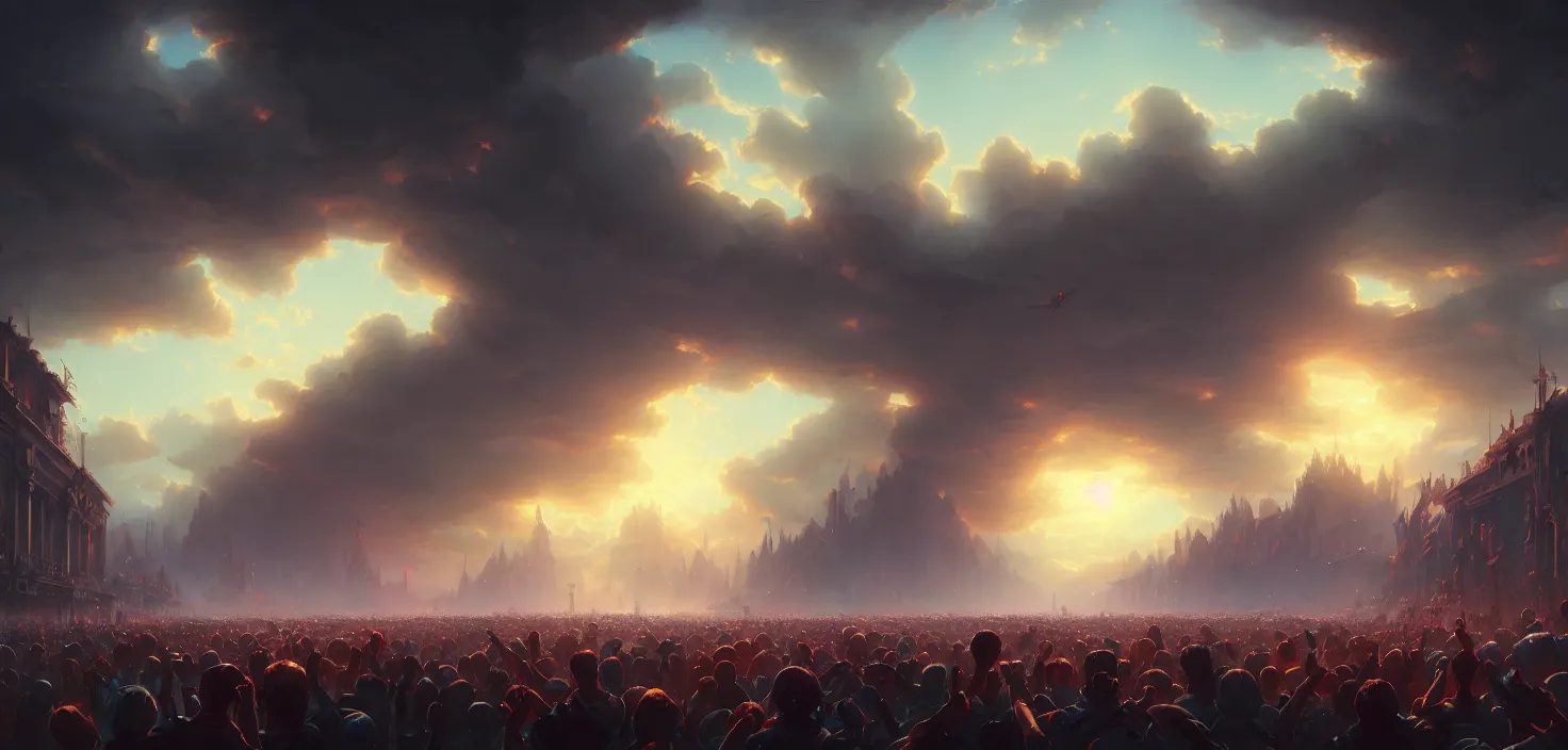 Image similar to painting of a crowd with raised arms pointing toward, cinematic view, epic sky, detailed, concept art, low angle, high detail, warm lighting, volumetric, godrays, vivid, beautiful, trending on artstation, by jordan grimmer, huge scene, art greg rutkowski