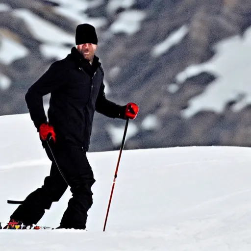 Prompt: jason statham skiing, dust, full body shot, finely detailed