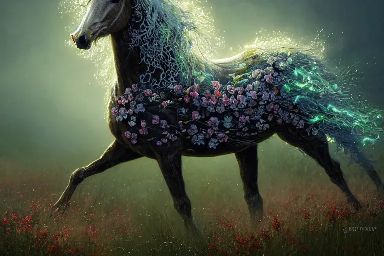 Prompt: a stunning digital painting of a horse made of intricately engraved gnarled wood with a mane of bioluminescent flowers running through a field of flowers by greg rutkowski, flowercore, volumetric light, digital art, fine detail, photorealistic