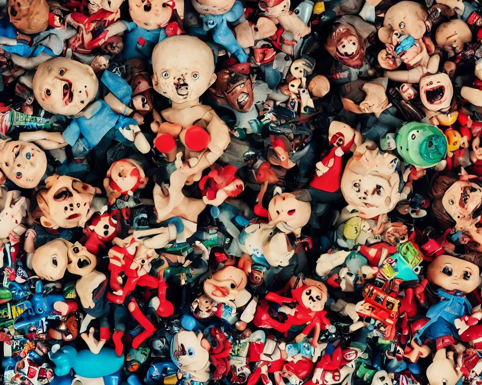 Prompt: a horror movie poster featuring children getting killed by toys