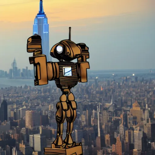 Prompt: An antropomorphic robot with a gun climbs to the empire state building, cartoon, 2D