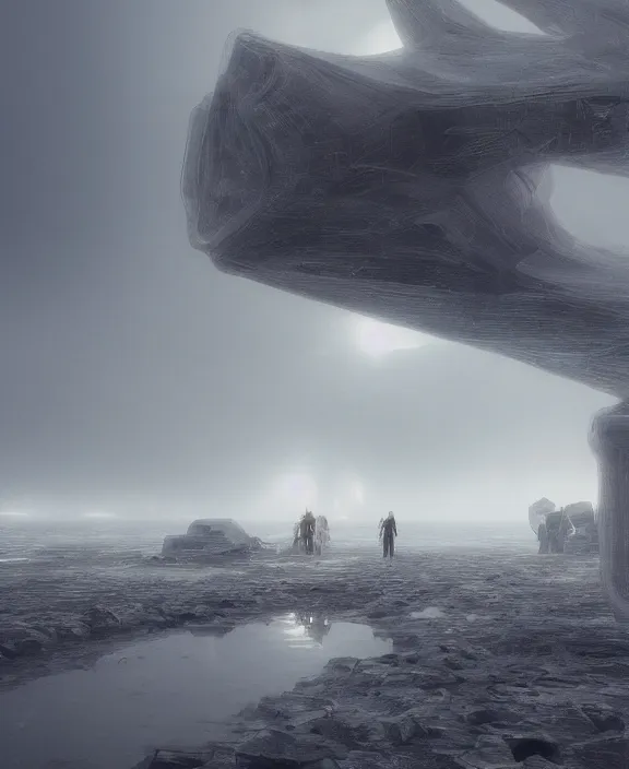 Image similar to surreal romantic covenant prometeus deformation, horizontal white mecha building architecture by ruan jia, futuristic berserk white architecture in the beach in iceland, foggy, highly detailed, digital painting, arstation, concept art, hyperealistic octane render, unreal engine