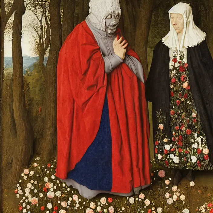 Prompt: a woman wearing a hooded cloak made of flowers, standing next to a creepy old man, by Jan van Eyck