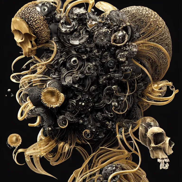 Image similar to black background. absolutely symmetrical sculpture. centered. goddess princess face close-up portrait ram skull. sculpture made of gold and black charcoal. jellyfish phoenix head, nautilus, orchid, skull, betta fish, bioluminiscent creatures, intricate artwork by Tooth Wu and wlop and beeple. octane render, trending on artstation, greg rutkowski very coherent symmetrical artwork. cinematic, hyper realism, high detail, octane render, 8k