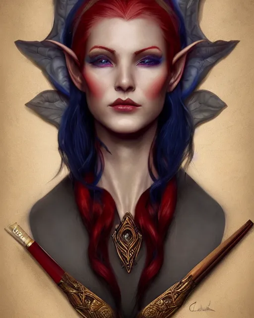 Prompt: A detailed matte oil on canvas head on symmetrical portrait of a distinguished elven woman with separated red and blue hair (((((makeup))))) by Charlie bowater and lise deharme wlop, trending on artstationhd, dungeons and dragons art critical role