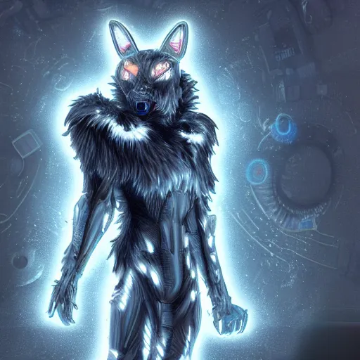 Image similar to a cybertronic werewolf, with lots of fur leds, 8 k, sharp, digital art