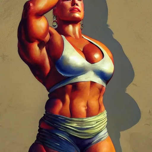 Image similar to greg manchess portrait of margot robbie as thick female bodybuilder zarya from overwatch in disco elysium, epic grimdark, fantasy, medium shot, asymmetrical, profile picture, organic painting, sunny day, matte painting, bold shapes, hard edges, street art, trending on artstation, by huang guangjian and gil elvgren and sachin teng