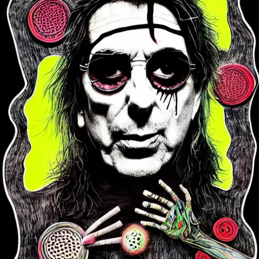 Prompt: graphic illustration, creative design, alice cooper, biopunk, francis bacon, highly detailed, hunter s thompson, mixed media