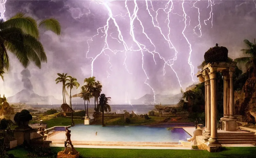 Image similar to Palace of the occult, mediterranean balustrade and columns, refracted sparkles, thunderstorm, greek pool, beach and Tropical vegetation on the background major arcana sky and occult symbols, by paul delaroche, hyperrealistic 4k uhd, award-winning, very detailed paradise