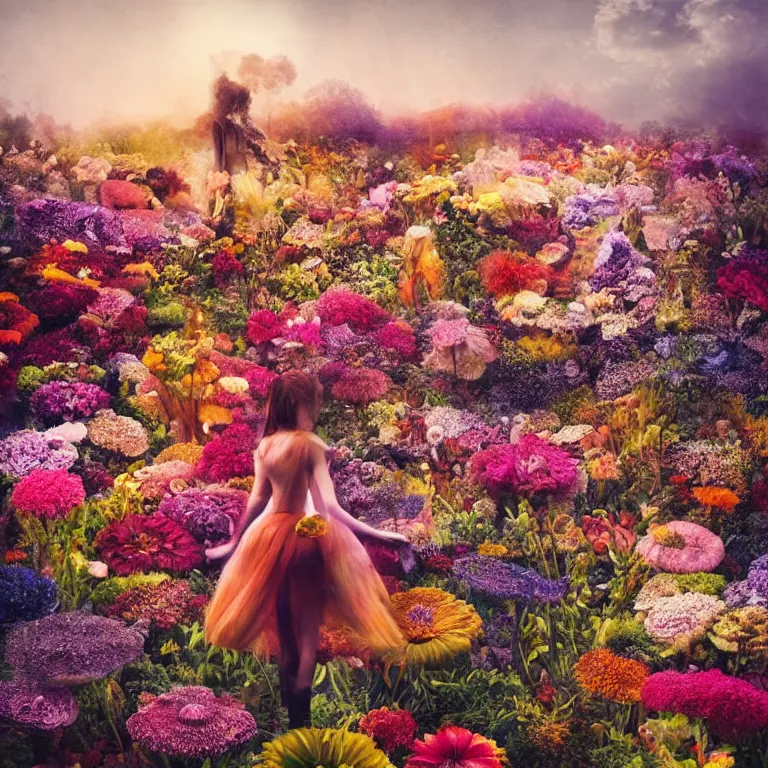 Image similar to a planet of various flowers, fungus and plants, in which the singular human figure is dressed in something magical and impressive, inside the picture is infinity, sunset light, Atmospheric phenomenon, artistic photography, muted colors, conceptual, long exposure outside the city, volumetric light