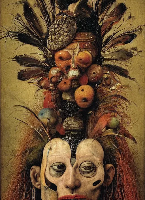 Prompt: a surreal painting of a shaman's face, by Giuseppe Arcimboldo, hieronymus bosch, symbolist, soft colors, dramatic lighting, smooth, sharp focus, extremely detailed, aesthetically pleasing composition