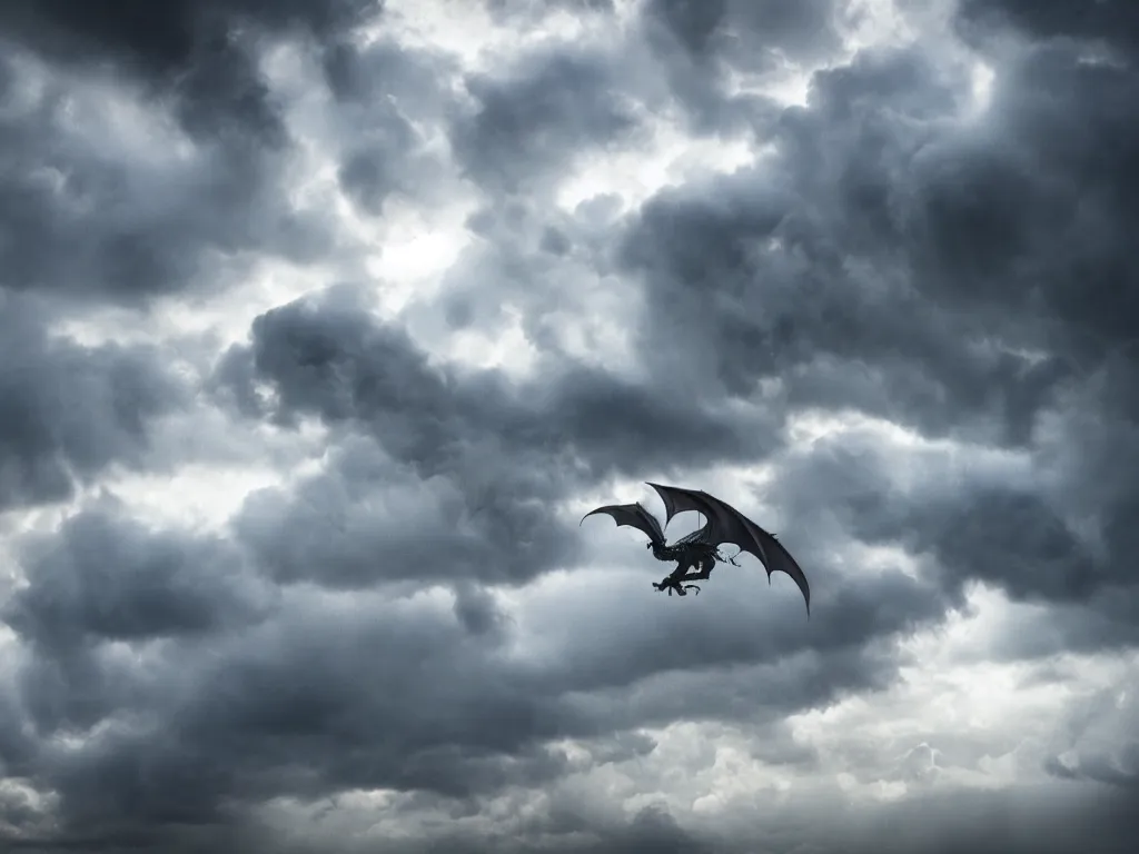 Image similar to epic cinematic shot of dragon flying through stormy clouds