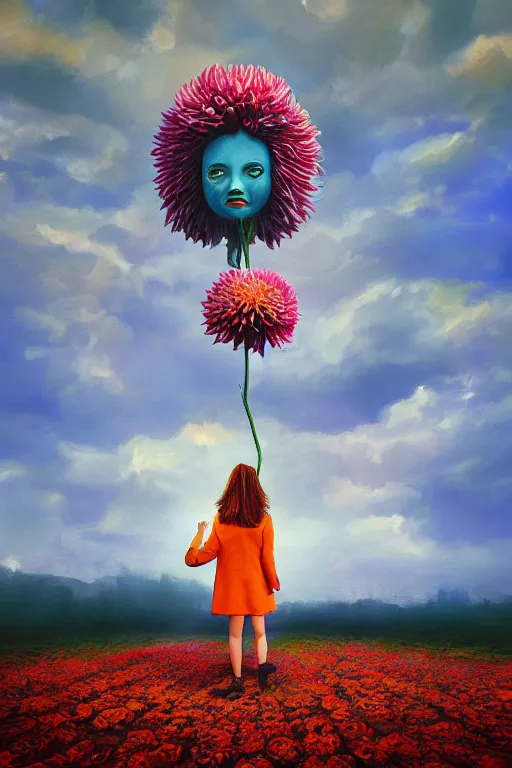 Image similar to closeup giant dahlia flower head, girl in a suit, in a city, surreal photography, blue sky, sunrise, dramatic light, impressionist painting, digital painting, artstation, simon stalenhag