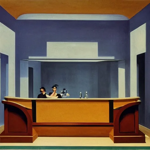 Image similar to interior of a 1 9 4 0 s hotel lobby, by edward hopper