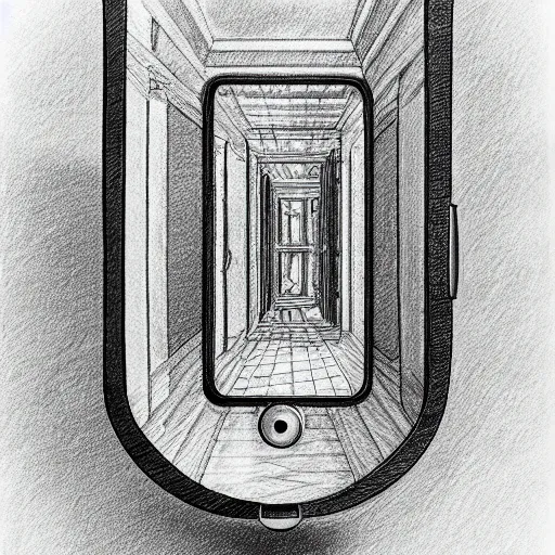 Prompt: pencil drawing of a smart phone inside of a mirror, the phone screen contains infinite phones, infinite recursion, pencil art, in the style of m. c. escher, clean, detailed