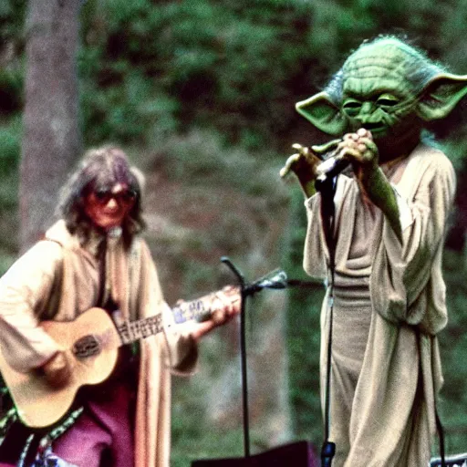 Image similar to yoda performing at woodstock