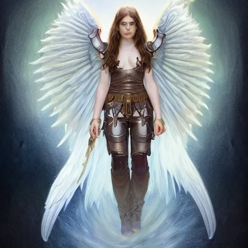 Image similar to portrait of young aasimar angel girl maiden wearing comfy leather armor with beautiful feathered angel wings, cute face, brown eyes, Alison Williams, Emma Roberts, by artgerm and greg rutkowski and alphonse mucha and andrei riabovitchev and Rossdraws and Bluesssatan and Mandy Jurgens and Stjepan Sejic, 4k oil on linen, vivid colors, colorful, photorealistic, high dynamic range, HDR, intricate, elegant, highly detailed, digital painting, artstation, concept art, smooth, sharp focus, illustration, mid-shot, medium shot, hyperdetailed