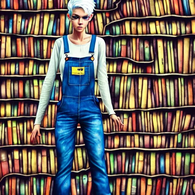 Image similar to full body pose, beautiful adult book fairy, pixar, short white hair shaved sides, dirty, grungy, grunge, long sleeve, painted overalls, stacks of giant books, highly detailed, 4 k, hdr, smooth, sharp focus, high resolution, award - winning photo, artgerm, photorealistic