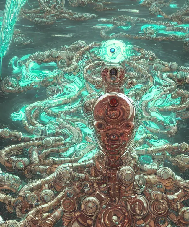 Prompt: a cyborg water demon surrounded by power sigils, centered composition, crisp 8 k line art, digital painting, artstation, unreal engine, octane render, emissive lighting, concept art, matte, sharp focus, hyper realistic lighting, illustration, art by shintaro kago and victo ngai