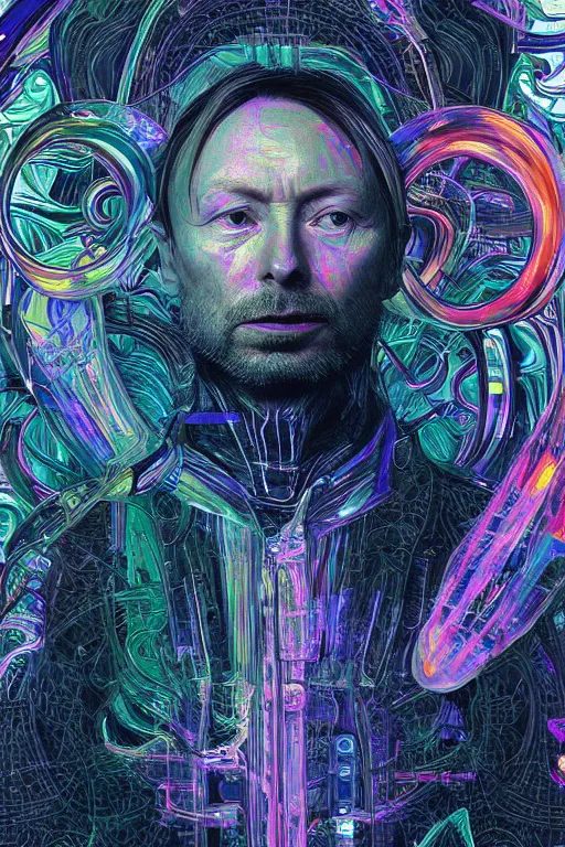 Prompt: A portrait of Thom Yorke as a cyberpunk android, iridescent highlights, surrounded by digital swirls, highly detailed, intricate, soft, sci-fi, sharp focus, subsurface scattering, art by Moebius, Alphonse Mucha